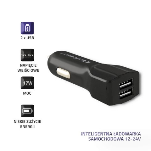 Qoltec Inteligentna Ładowarka samochodowa 12-24V | 17W | 5V | 3.4A | 2xUSB Qoltec Inteligentna Ładowarka samochodowa 12-24V | 17W | 5V | 3.4A | 2xUSB