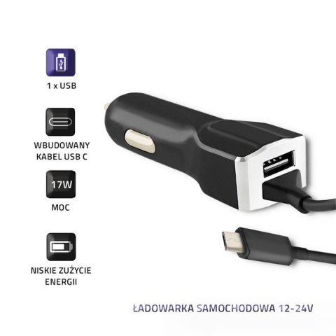 Qoltec Ładowarka samochodowa 12-24V | 17W | 5V | 3.4A | USB + kabel USB typ C Qoltec Ładowarka samochodowa 12-24V | 17W | 5V | 3.4A | USB + kabel USB typ C