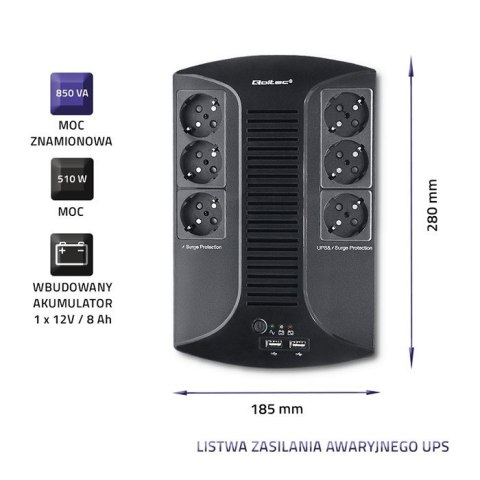 Qoltec Listwa zasilania awaryjnego UPS | Monolith | 850VA | 510W | 2xUSB Qoltec Listwa zasilania awaryjnego UPS | Monolith | 850VA | 510W | 2xUSB