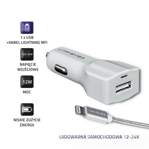Qoltec Ładowarka samochodowa 12-24V |12W | 2.4A | USB + Kabel Lightning MFI | Wzmocniony | 1.5m | Biała Qoltec Ładowarka samochodowa 12-24V |12W | 2.4A | USB + Kabel Lightning MFI | Wzmocniony | 1.5m | Biała