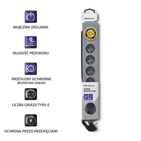 Qoltec Listwa antyprzepięciowa | 6 gniazd | 3m Qoltec Listwa antyprzepięciowa | 6 gniazd | 3m