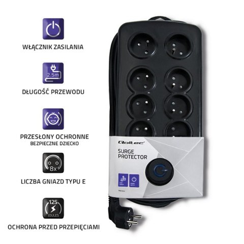Qoltec Listwa antyprzepięciowa Qoltec | 8 gniazd | 2.5m Qoltec Listwa antyprzepięciowa Qoltec | 8 gniazd | 2.5m