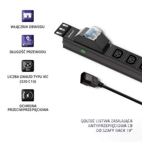 Qoltec Listwa zasilająca antyprzepięciowa CB do szafy RACK 19" | 1U | 10A | PDU | 8xIEC C13 | 2m Qoltec Listwa zasilająca antyprzepięciowa CB do szafy RACK 19" | 1U | 10A | PDU | 8xIEC C13 | 2m