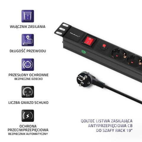 Qoltec Listwa zasilająca antyprzepięciowa CB do szafy RACK 19" | 1U | 16A | PDU | 6xSCHUKO | 2m Qoltec Listwa zasilająca antyprzepięciowa CB do szafy RACK 19" | 1U | 16A | PDU | 6xSCHUKO | 2m