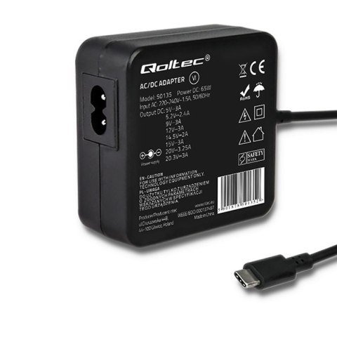 Qoltec Zasilacz sieciowy 65W | 5-20.3V | 2-3.25A | USB typ C | PD