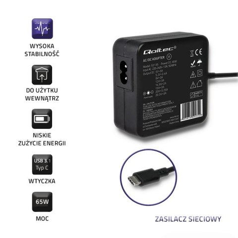 Qoltec Zasilacz sieciowy 65W | 5-20.3V | 2-3.25A | USB typ C | PD