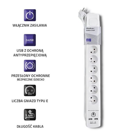 Listwa antyprzepięciowa Qoltec | 8xE, 2xUSB | 1.4m Listwa antyprzepięciowa Qoltec | 8xE, 2xUSB | 1.4m