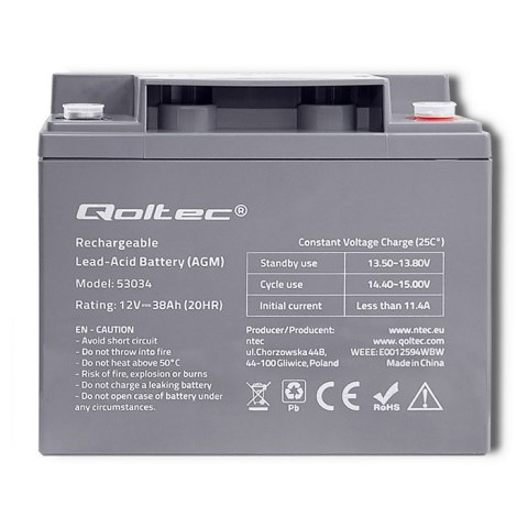 Qoltec Akumulator AGM | 12V | 38Ah | max 456A Qoltec Akumulator AGM | 12V | 38Ah | max 456A