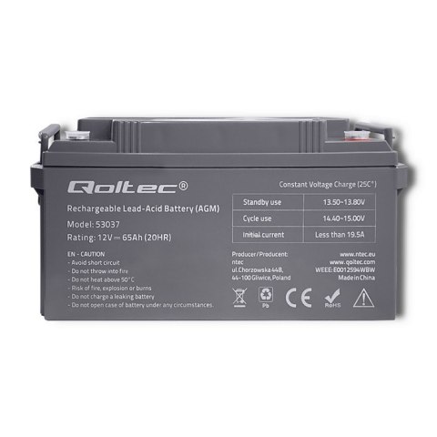 Qoltec Akumulator AGM | 12V | 65Ah | max 780A Qoltec Akumulator AGM | 12V | 65Ah | max 780A