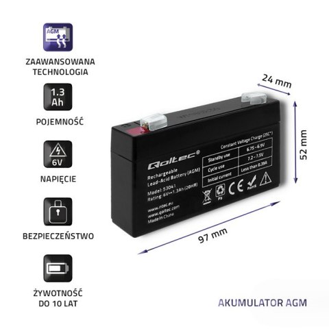 Qoltec Akumulator AGM | 6V | 1.3Ah | max 19.5A Qoltec Akumulator AGM | 6V | 1.3Ah | max 19.5A