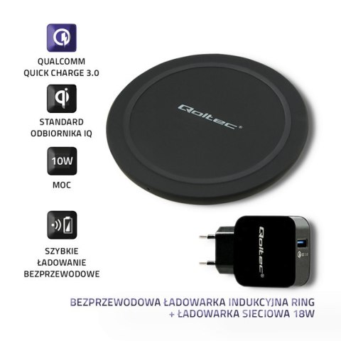 Qoltec Bezprzewodowa ładowarka indukcyjna RING 10W + Ładowarka sieciowa 18W | 5V | 3A | Qualcomm Quick Charge 3.0 Qoltec Bezprzewodowa ładowarka indukcyjna RING 10W + Ładowarka sieciowa 18W | 5V | 3A | Qualcomm Quick Charge 3.0