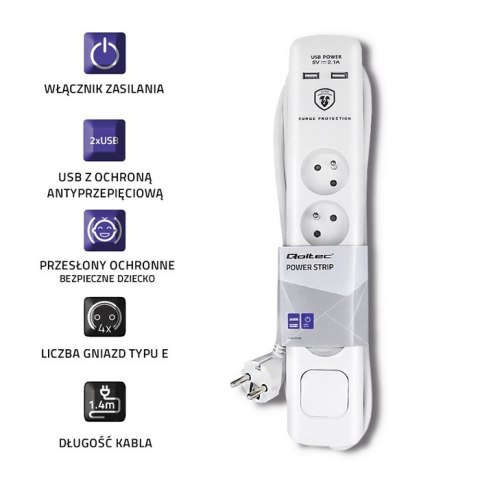Qoltec Listwa antyprzepięciowa | 4xE, 2xUSB | 1.4m Qoltec Listwa antyprzepięciowa | 4xE, 2xUSB | 1.4m