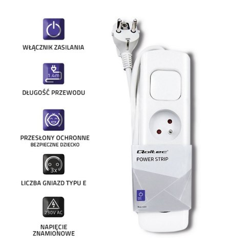 Qoltec Listwa zasilająca | 3 gniazda | 1.4m