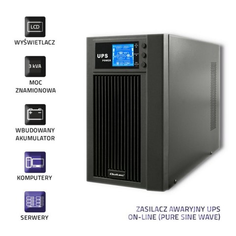 Qoltec Zasilacz awaryjny UPS | On-line | Pure Sine Wave | 3kVA | 2.4kW | LCD | USB