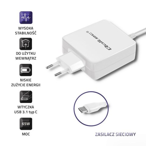 Qoltec Zasilacz sieciowy 65W | 5-20.3V | 2-3.25A | USB typ C | PD | Biały