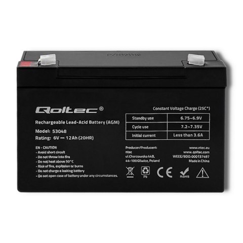Qoltec Akumulator AGM | 6V | 12Ah | max. 180A Qoltec Akumulator AGM | 6V | 12Ah | max. 180A