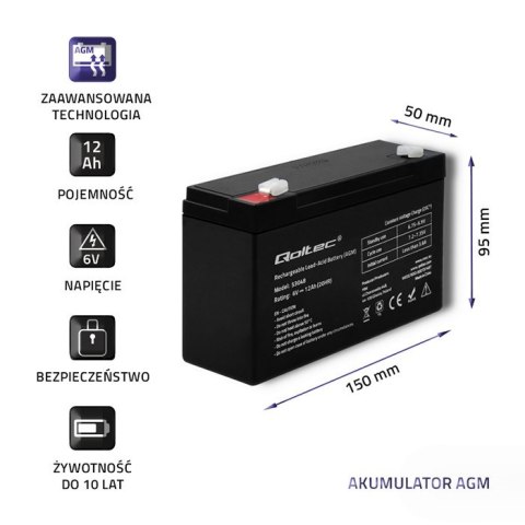 Qoltec Akumulator AGM | 6V | 12Ah | max. 180A Qoltec Akumulator AGM | 6V | 12Ah | max. 180A