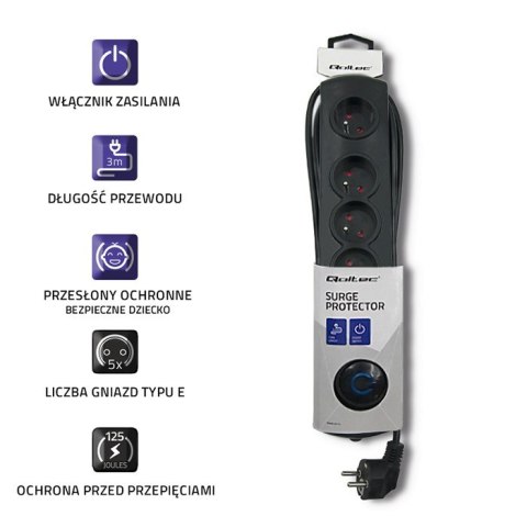 Qoltec Listwa antyprzepięciowa | 5 gniazd | 3m Qoltec Listwa antyprzepięciowa | 5 gniazd | 3m
