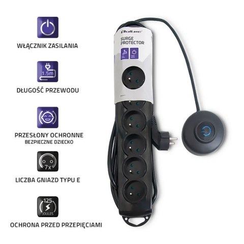 Qoltec Listwa antyprzepięciowa | wł. QS | 7 gniazd | 1.5m Qoltec Listwa antyprzepięciowa | wł. QS | 7 gniazd | 1.5m