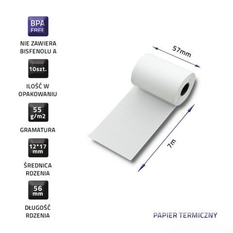 Qoltec Rolka termiczna 57 x 7 | 55g/m2 | 10szt. | BPA free Qoltec Rolka termiczna 57 x 7 | 55g/m2 | 10szt. | BPA free