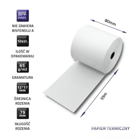 Qoltec Rolka termiczna 80 x 59 | 65g/m2 | 10szt. | BPA free Qoltec Rolka termiczna 80 x 59 | 65g/m2 | 10szt. | BPA free