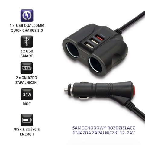 Qoltec Samochodowy rozdzielacz gniazda zapalniczki 12-24V | 34W | 2.4A | 2xUSB | USB QC 3.0 | 2x gniazdo zapalniczki+0,9m Qoltec Samochodowy rozdzielacz gniazda zapalniczki 12-24V | 34W | 2.4A | 2xUSB | USB QC 3.0 | 2x gniazdo zapalniczki+0,9m