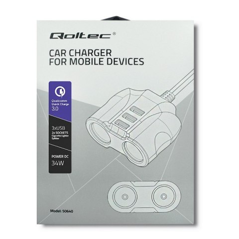 Qoltec Samochodowy rozdzielacz gniazda zapalniczki 12-24V | 34W | 2.4A | 2xUSB | USB QC 3.0 | 2x gniazdo zapalniczki+0,9m Qoltec Samochodowy rozdzielacz gniazda zapalniczki 12-24V | 34W | 2.4A | 2xUSB | USB QC 3.0 | 2x gniazdo zapalniczki+0,9m