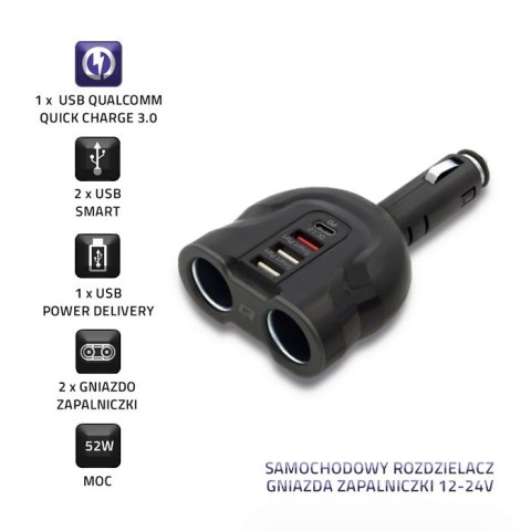 Qoltec Samochodowy rozdzielacz gniazda zapalniczki 12-24V | 52W | 2.4A | 2 x USB | USB QC 3.0 | USB typ C PD | 2 x gniazdo zapal Qoltec Samochodowy rozdzielacz gniazda zapalniczki 12-24V | 52W | 2.4A | 2 x USB | USB QC 3.0 | USB typ C PD | 2 x gniazdo zapal
