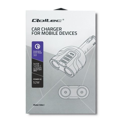 Qoltec Samochodowy rozdzielacz gniazda zapalniczki 12-24V | 52W | 2.4A | 2 x USB | USB QC 3.0 | USB typ C PD | 2 x gniazdo zapal Qoltec Samochodowy rozdzielacz gniazda zapalniczki 12-24V | 52W | 2.4A | 2 x USB | USB QC 3.0 | USB typ C PD | 2 x gniazdo zapal