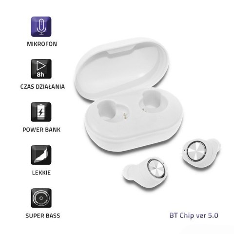 Qoltec Słuchawki bezprzewodowe Twins Stereo | PowerBank | BT5.0 | Super Bass | Białe Qoltec Słuchawki bezprzewodowe Twins Stereo | PowerBank | BT5.0 | Super Bass | Białe