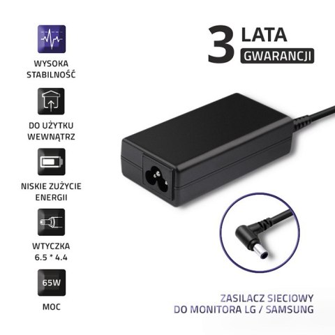 Qoltec Zasilacz sieciowy do monitora LG / Samsung 65W | 19V | 3.42A | 6.5*4.4 | + kabel zasilający Qoltec Zasilacz sieciowy do monitora LG / Samsung 65W | 19V | 3.42A | 6.5*4.4 | + kabel zasilający