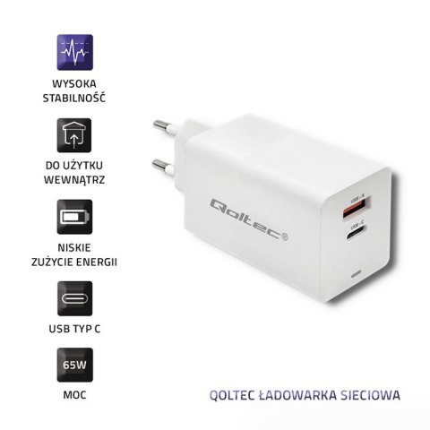 Qoltec Ładowarka GaN FAST 65W | 5-20V | 2.25-3.25A | USB | USB typ C PD Qoltec Ładowarka GaN FAST 65W | 5-20V | 2.25-3.25A | USB | USB typ C PD