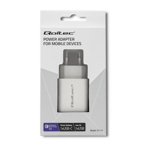Qoltec Ładowarka sieciowa 18W | 5-12V | 1.5-3A | USB typ C PD | USB QC 3.0 | Biała Qoltec Ładowarka sieciowa 18W | 5-12V | 1.5-3A | USB typ C PD | USB QC 3.0 | Biała