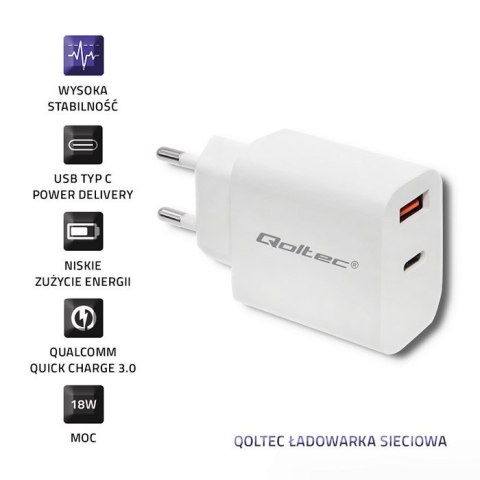 Qoltec Ładowarka sieciowa 18W | 5-12V | 1.5-3A | USB typ C PD | USB QC 3.0 | Biała Qoltec Ładowarka sieciowa 18W | 5-12V | 1.5-3A | USB typ C PD | USB QC 3.0 | Biała