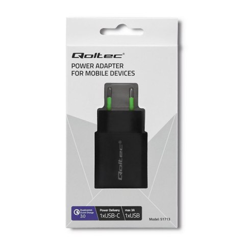 Qoltec Ładowarka sieciowa 18W | 5-12V | 1.5-3A | USB typ C PD | USB QC 3.0 | Czarna Qoltec Ładowarka sieciowa 18W | 5-12V | 1.5-3A | USB typ C PD | USB QC 3.0 | Czarna