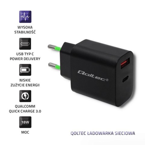 Qoltec Ładowarka sieciowa 18W | 5-12V | 1.5-3A | USB typ C PD | USB QC 3.0 | Czarna Qoltec Ładowarka sieciowa 18W | 5-12V | 1.5-3A | USB typ C PD | USB QC 3.0 | Czarna