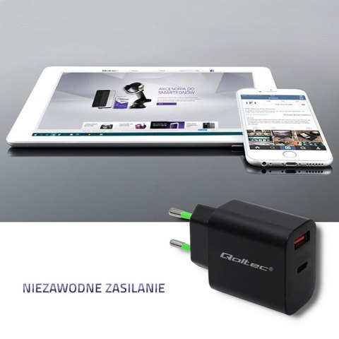 Qoltec Ładowarka sieciowa 18W | 5-12V | 1.5-3A | USB typ C PD | USB QC 3.0 | Czarna Qoltec Ładowarka sieciowa 18W | 5-12V | 1.5-3A | USB typ C PD | USB QC 3.0 | Czarna