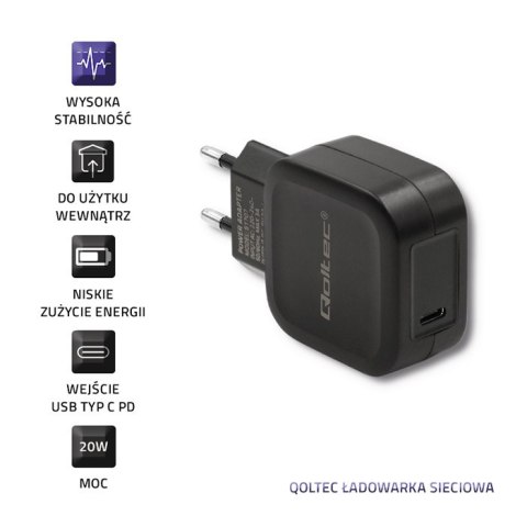 Qoltec Ładowarka sieciowa 20W | PD + Kabel USB typ C męski | USB typ C męski | 1m Qoltec Ładowarka sieciowa 20W | PD + Kabel USB typ C męski | USB typ C męski | 1m