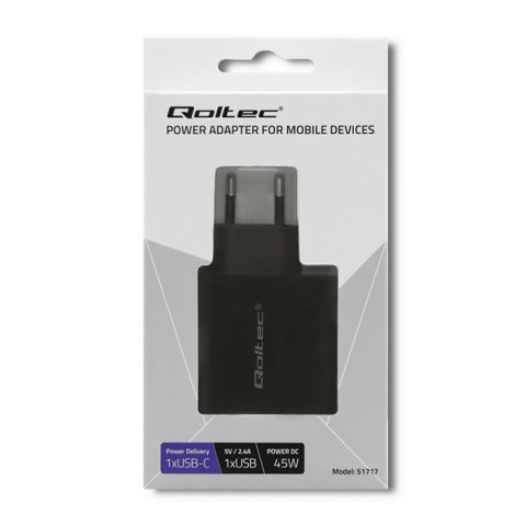 Qoltec Ładowarka sieciowa 42W | 5-20V | 2.25-3A | USB typ C PD | USB | Czarna