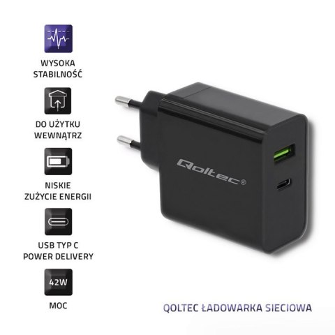 Qoltec Ładowarka sieciowa 42W | 5-20V | 2.25-3A | USB typ C PD | USB | Czarna