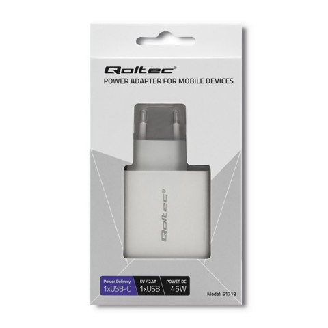 Qoltec Ładowarka sieciowa 42W | 5-20V | 2.4-3A | USB typ C PD | USB | Biała
