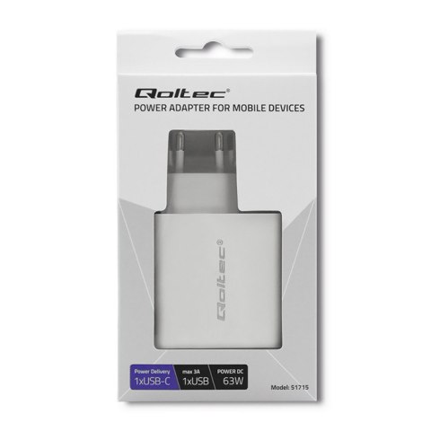 Qoltec Ładowarka sieciowa 63W | 5-20V | 1.5-3A | USB typ C PD | USB QC 3.0 | Biała Qoltec Ładowarka sieciowa 63W | 5-20V | 1.5-3A | USB typ C PD | USB QC 3.0 | Biała