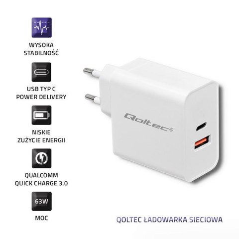 Qoltec Ładowarka sieciowa 63W | 5-20V | 1.5-3A | USB typ C PD | USB QC 3.0 | Biała Qoltec Ładowarka sieciowa 63W | 5-20V | 1.5-3A | USB typ C PD | USB QC 3.0 | Biała