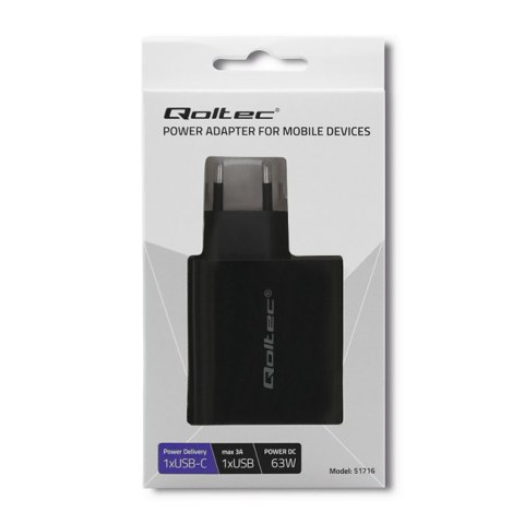 Qoltec Ładowarka sieciowa 63W | 5-20V | 1.5-3A | USB typ C PD | USB QC 3.0 | Czarna Qoltec Ładowarka sieciowa 63W | 5-20V | 1.5-3A | USB typ C PD | USB QC 3.0 | Czarna