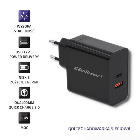 Qoltec Ładowarka sieciowa 63W | 5-20V | 1.5-3A | USB typ C PD | USB QC 3.0 | Czarna Qoltec Ładowarka sieciowa 63W | 5-20V | 1.5-3A | USB typ C PD | USB QC 3.0 | Czarna