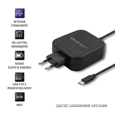 Qoltec Ładowarka sieciowa 65W | 5-20V | 3-3.25A | USB typ C | PD | Czarna Qoltec Ładowarka sieciowa 65W | 5-20V | 3-3.25A | USB typ C | PD | Czarna