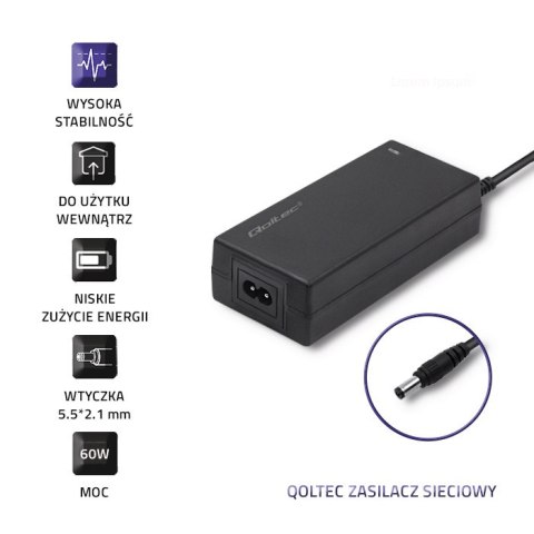 Qoltec Zasilacz desktopowy 60W | 12V | 5A | 5.5*2.1 | +kabel zasilający Qoltec Zasilacz desktopowy 60W | 12V | 5A | 5.5*2.1 | +kabel zasilający