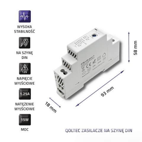 Qoltec Zasilacz na szynę DIN | 15W | 12V | 1.25A | Szary Qoltec Zasilacz na szynę DIN | 15W | 12V | 1.25A | Szary