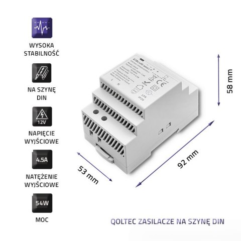 Qoltec Zasilacz na szynę DIN | 54W | 12V | 4.5A | Szary Qoltec Zasilacz na szynę DIN | 54W | 12V | 4.5A | Szary