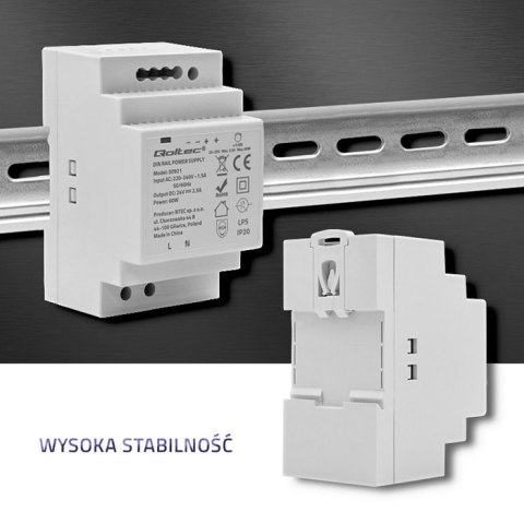 Qoltec Zasilacz na szynę DIN | 60W | 24V | 2.5A | Szary